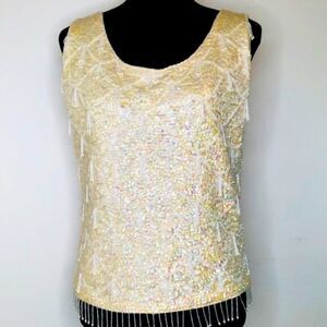 ✨ Cream Beaded & Sequin Sleeveless Top | Vintage Style | Special Occasion